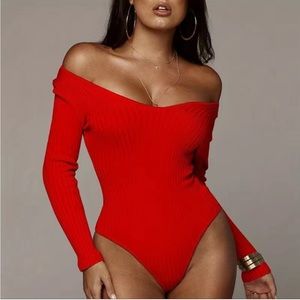 Red Ribbed Long Sleeve V neck Bodysuit